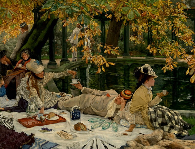 Autumn picnic, art, autumn, toamna, yellow, park, picnic, woman, lake, leaf, water, girl, painting, pictura, james tissot, HD wallpaper