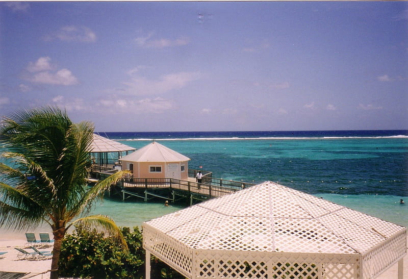 Cayman Islands, water, gazebos, sea, palms, HD wallpaper
