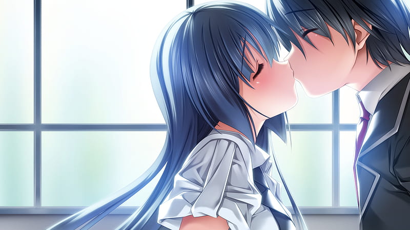Our first kiss, window, kiss, cute, boy, girl, anime, blushing, first,  black hair, HD wallpaper | Peakpx