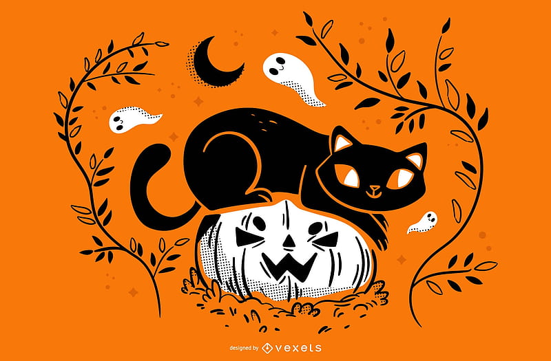 Happy Halloween!, halloween, orange, pumpkin, black, cat, pisici, vector, HD wallpaper