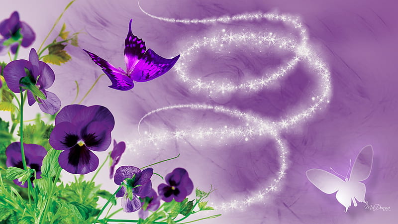 Purple Prize Pansies, shine, butterflies, pansy, dazzle, purple, angel dust, pansies, flowers, sparkle stars, HD wallpaper