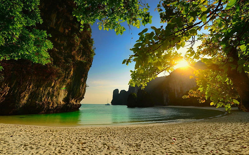 Thailand, beach, sea, tropical islands, sunset, evening, palms, Thailand landmarks, HD wallpaper