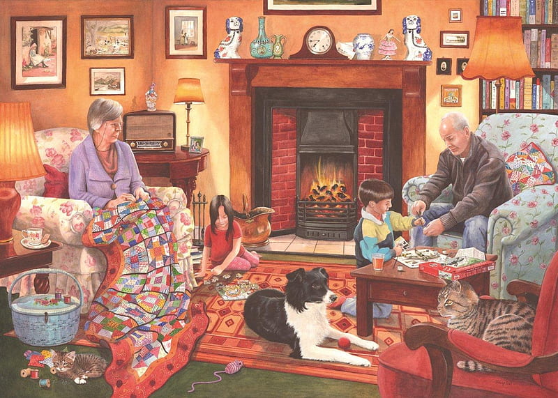 :), red, art, caine, children, cat, fire, border collie, grandma, copil, evening, room, pisici, pictura, grandpa, dog, HD wallpaper