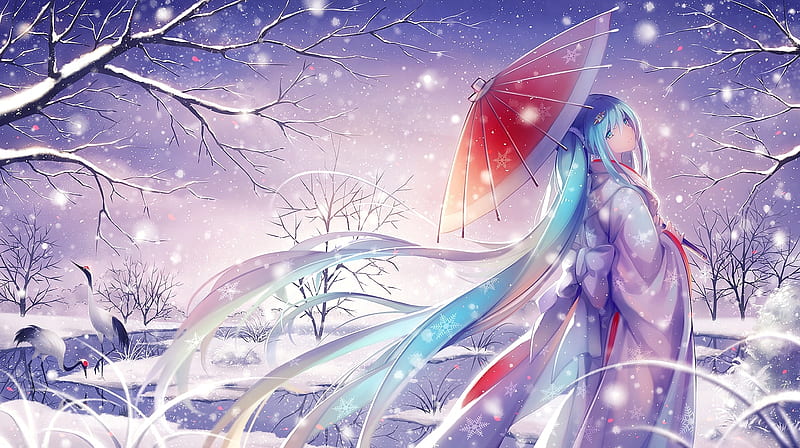 Hatsune Miku, red, tidsean, luminos, pasare, crane, umbrella, manga, girl, bird, snow, anime, white, blue, HD wallpaper
