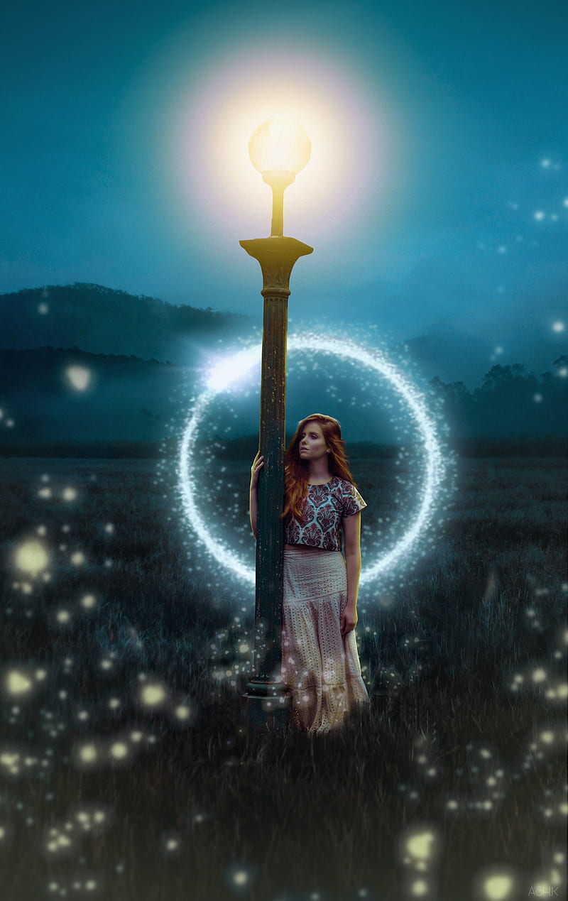 Fantasy girl, alone, beauty, fantasy, girl, grass, lights, night, HD phone  wallpaper | Peakpx
