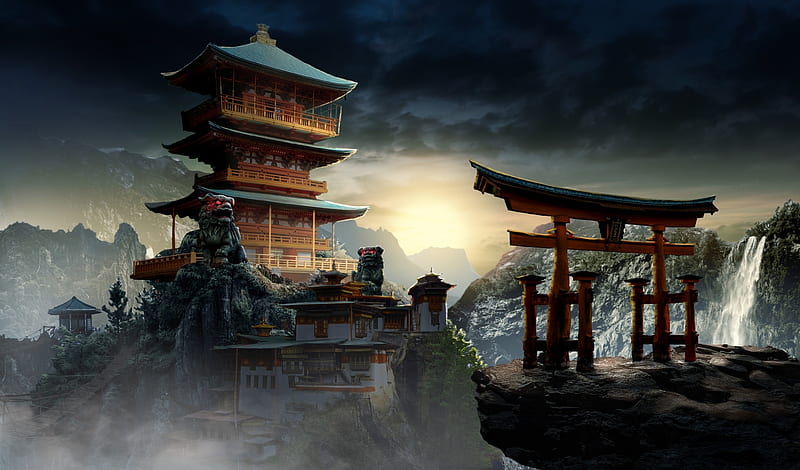 Mysterious temple, art, temple, fantasy, john paul koo, luminos, HD wallpaper