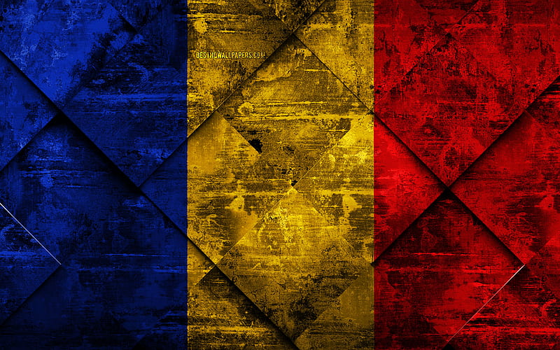 Flag of Romania grunge art, rhombus grunge texture, Romanian flag, Europe, national symbols, Romania, creative art, HD wallpaper