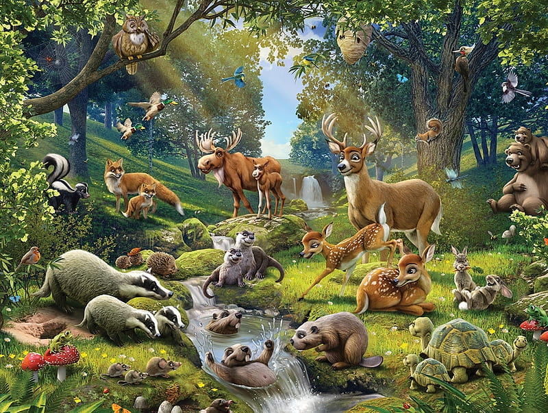 Animal Mural, mural, playful, childerns, creek, animals, HD wallpaper