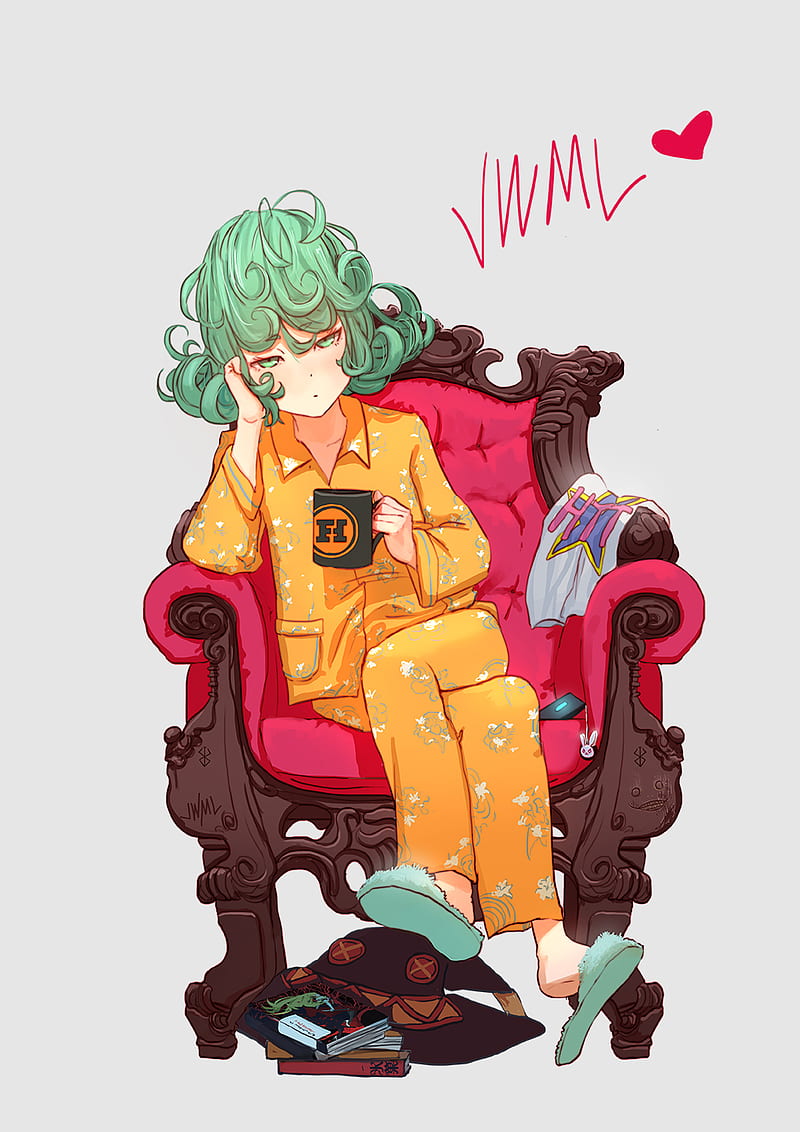 One-Punch Man, anime girls, green hair, green eyes, short hair, pyjamas, witch hat, Tatsumaki, FunHaus, T-shirt, loli, coffee cup, crossover, Kono Subarashii Sekai ni Shukufuku wo!, K-ON!, messy hair, 2D, fan art, Justin Leyva, HD phone wallpaper