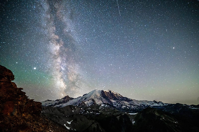 Mt Rainier Under The Nights Sky , mountains, sky, stars, galaxy, nature, HD wallpaper