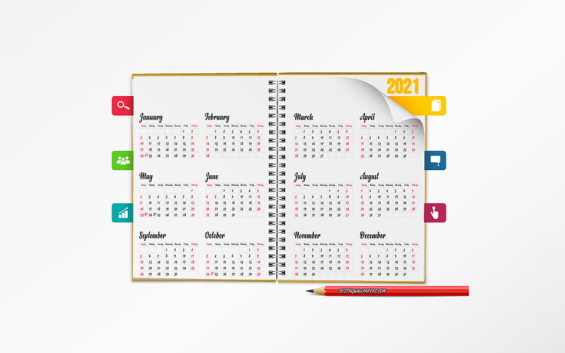 2021 Calendar, notepad, 2021 all months, Calendar for 2021, white background, 2021 concepts, HD wallpaper