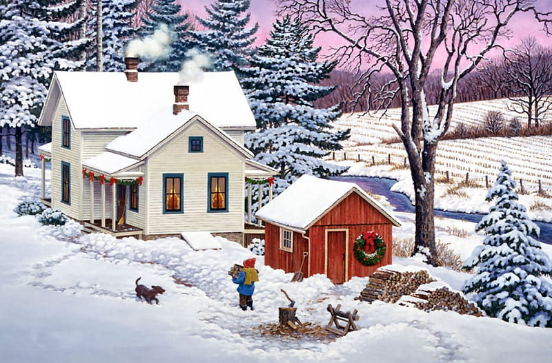 Up North Christmas 2, Christmas, art, holiday, December, illustration, artwork, winter, snow, painting, wide screen, occasion, scenery, HD wallpaper