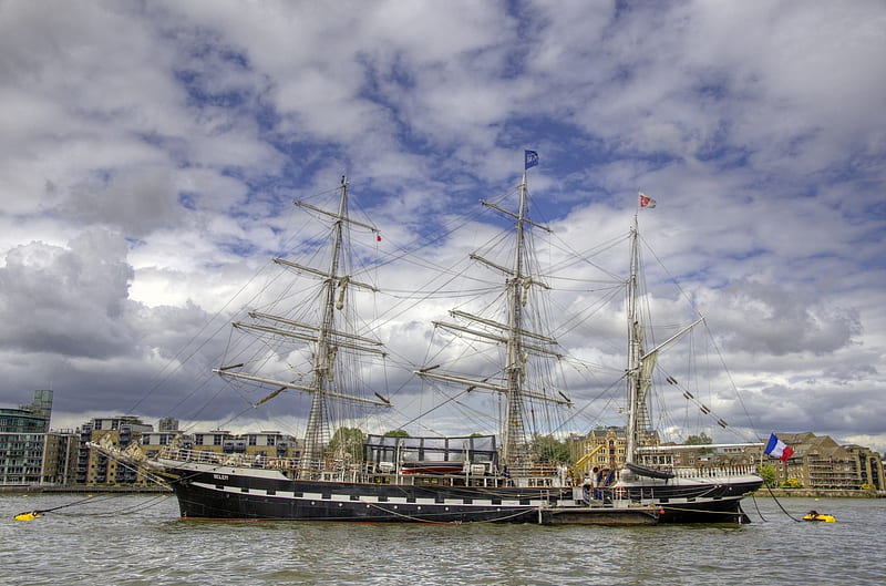 Belem, ship, sailing, clouds, sky, harbor, HD wallpaper