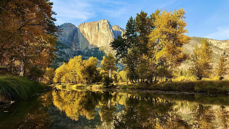 A still fall afternoon, Yosemite National Park, California, river, autumn, trees, colors, mountains, water, usa, reflections, HD wallpaper