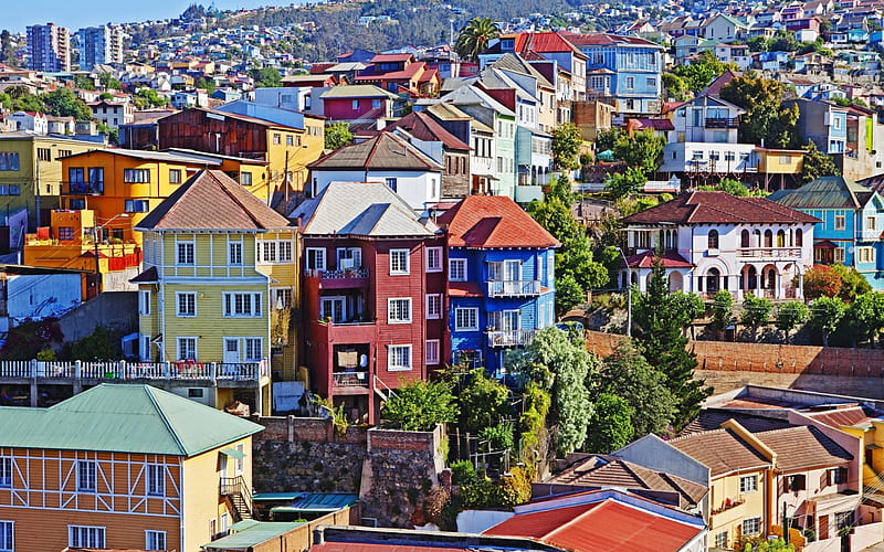 Valparaiso, seaport, summer, colorful houses, cityscape, Chile, HD wallpaper