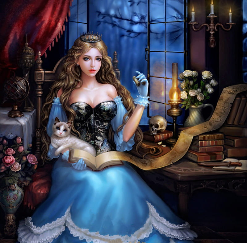 Hidden Mystery, binocular, witch, pages, book, candlelight, bonito, roses, girl, crown, room, HD wallpaper