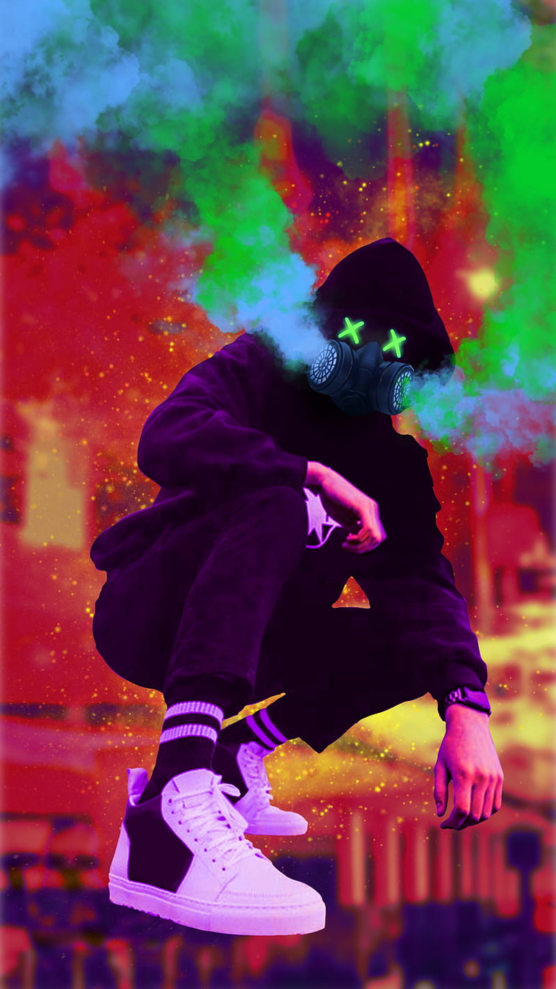 smoke acid mask 2, abstract, anonymous, black, boy, cloud, dark, dude, face, figure, green, guy neon, pose, red, HD phone wallpaper
