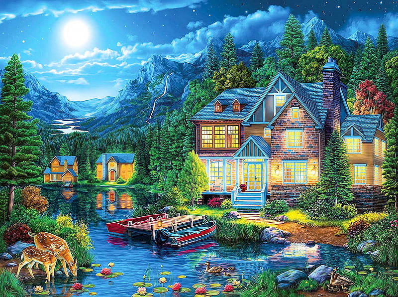 House near the lake, boats, moon, cottage, pier, mountains, ducks, deer, stars, artwork, painting, HD wallpaper