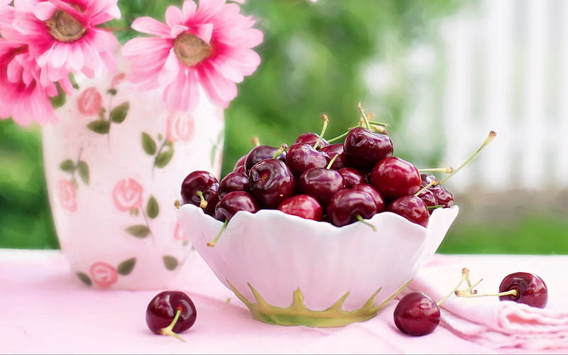 Cherries and Flowers, bowl, still life, Summer, cherries, vase, flowers, HD wallpaper
