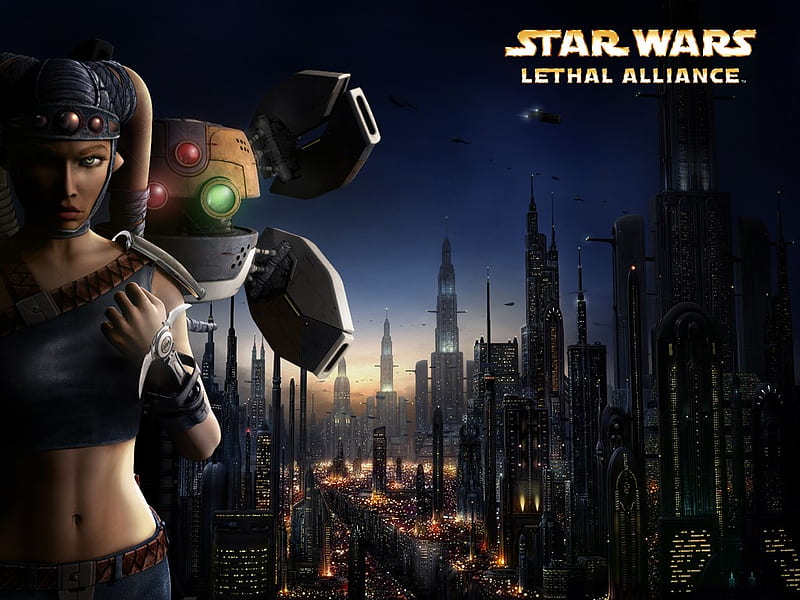 attack of the clones: lethal assassin, droid, ships, city, buildings, woman, lights, HD wallpaper