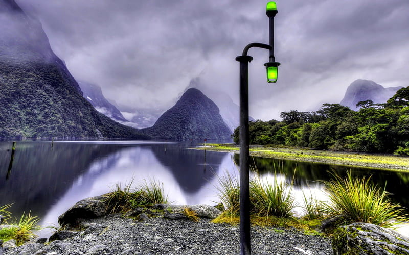 LIGHT for the LAKE, mountain, lighting, lamppost, lake, landscape, HD wallpaper