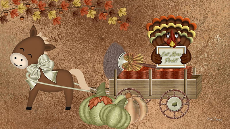 Thanksgiving Day Cart, fall, autumn, harvest, holiday, November, cart, horse, gourds, leaves, Thanksgiving, turkey, HD wallpaper