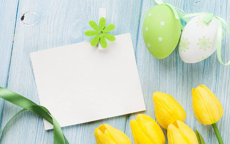 Easter, yellow tulips, spring, easter eggs, HD wallpaper