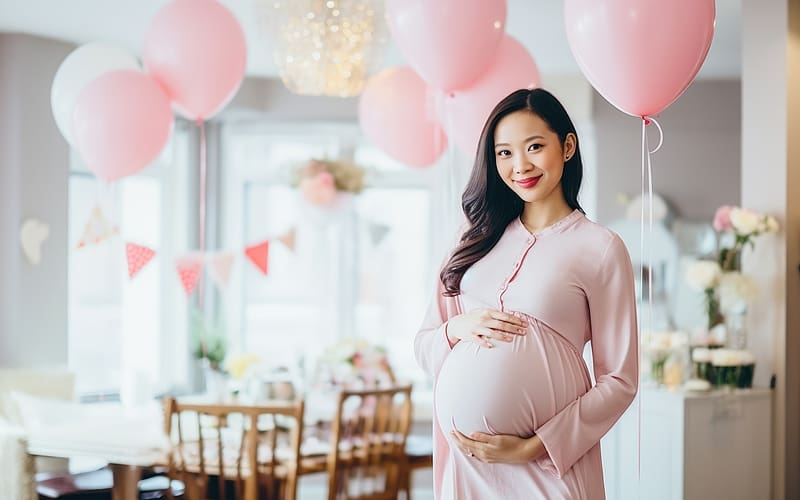 Happy Mother-to-be, unborn baby, pregnant, smile, balloons, mother, Asian, AI art, HD wallpaper