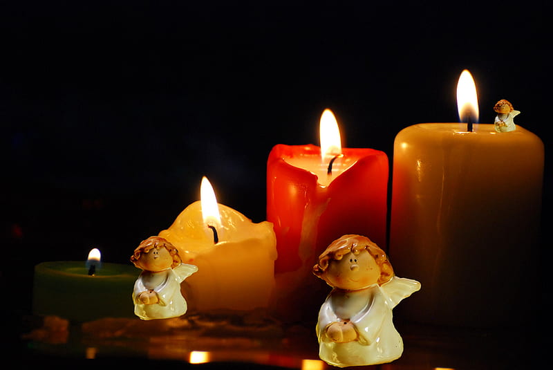 4. Advent Candles, red, green, 4 burning candles, brown, yellow, bonito, angels figure, HD wallpaper
