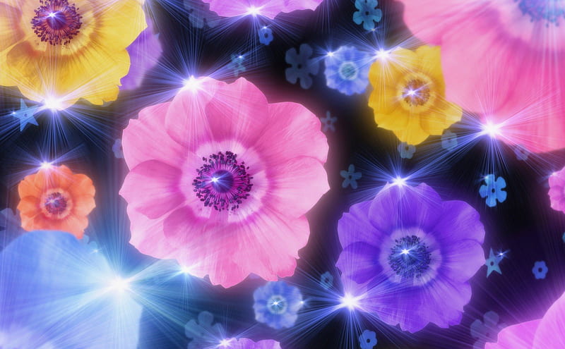3d flowers, blue flower, pink flower, beads, yellow flower, HD wallpaper