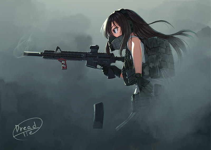 anime girl, rifle, mask, military, headphones, gloves, fog, Anime, HD wallpaper