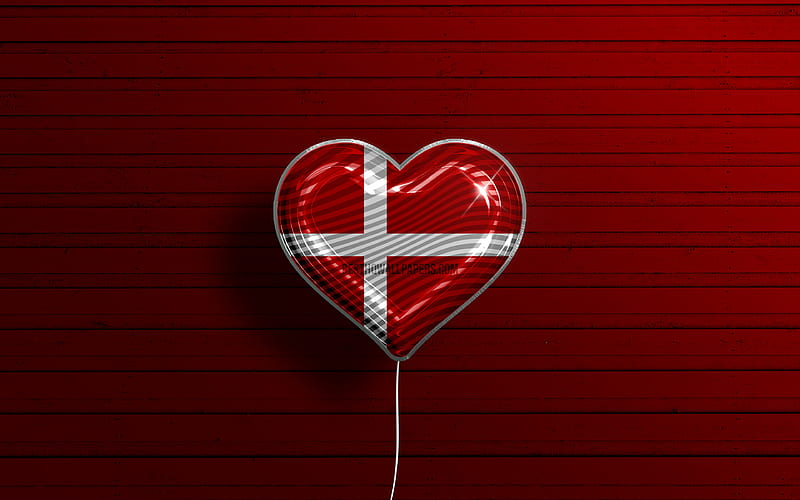 I Love Denmark realistic balloons, red wooden background, Danish flag heart, Europe, favorite countries, flag of Denmark, balloon with flag, Danish flag, Denmark, Love Denmark, HD wallpaper