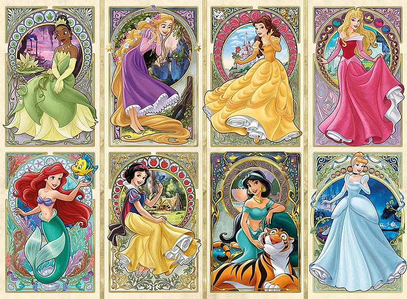 Disney princesses, princess, aurora, collage, ariel, belle, girl, disney, tiana, rapunzel, snow white, fantasy, jasmine, HD wallpaper