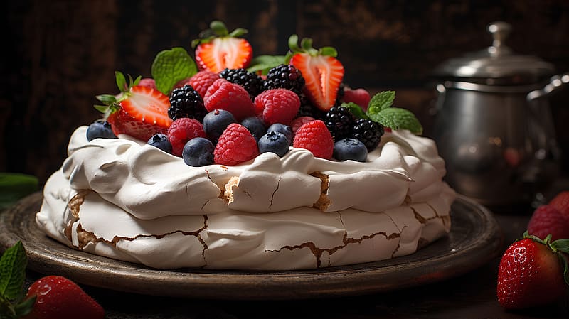 Meringue pavlova with berries, Cream, Closeup, Tasty, Food, HD wallpaper