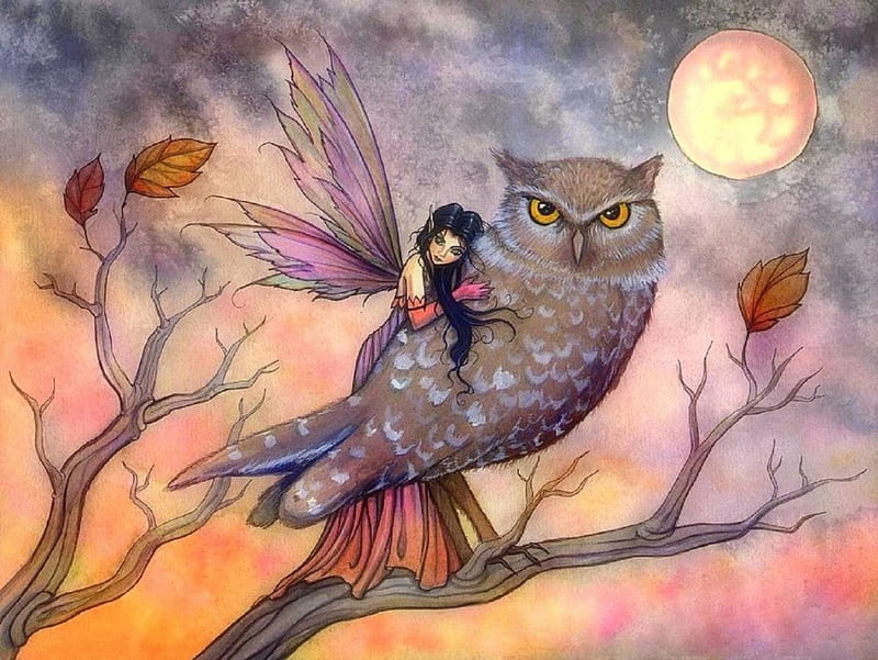 Friendship in Fall, owl, moons, fall season, autumn, colors, love four seasons, attractions in dreams, leaves, fantasy, paintings, fairies, branches, HD wallpaper