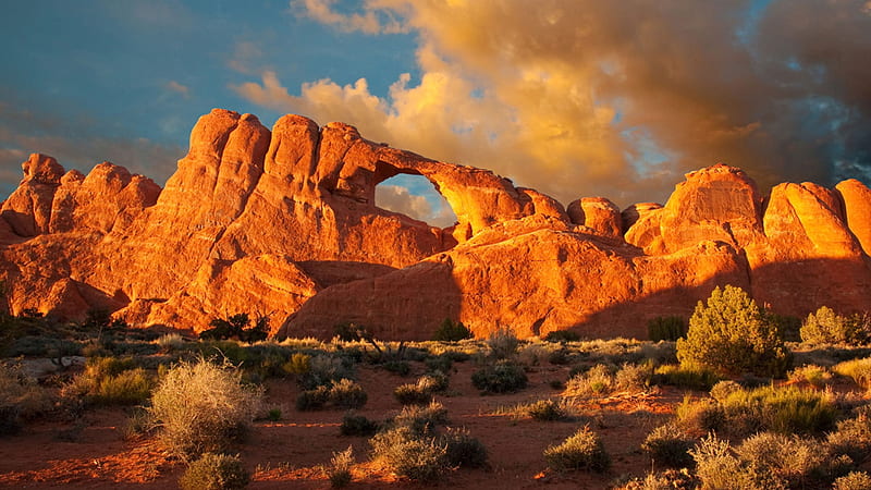Sandstone Arches Arches National Park North Of Moab, Utah, sunset, clouds, sky, usa, rocks, HD wallpaper