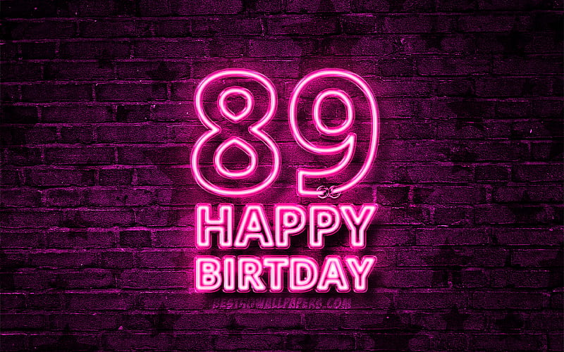 Happy 89 Years Birtay purple neon text, 89th Birtay Party, purple brickwall, Happy 89th birtay, Birtay concept, Birtay Party, 89th Birtay, HD wallpaper