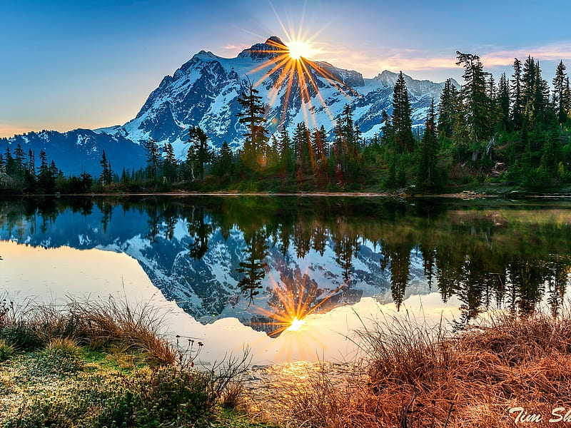 Mount Baker,USA, sun, nature, morning, reflection, trees, lake, HD wallpaper