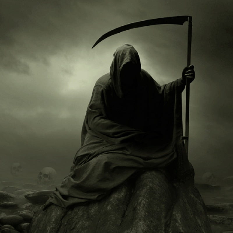 The Unwelcome Visitor, fantasy, reaper, stones, rock, scythe, cloak, skull, mist, HD wallpaper