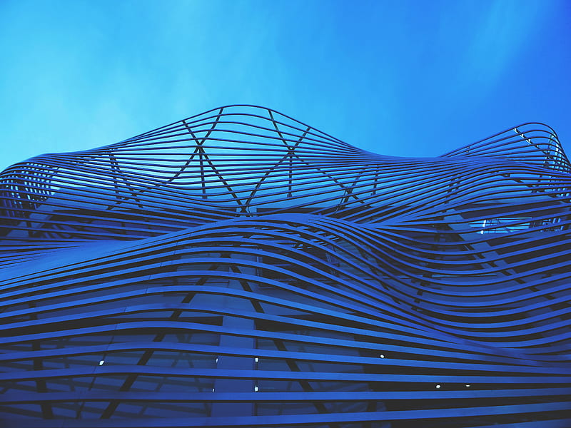 building, structure, stripes, curves, architecture, blue, HD wallpaper
