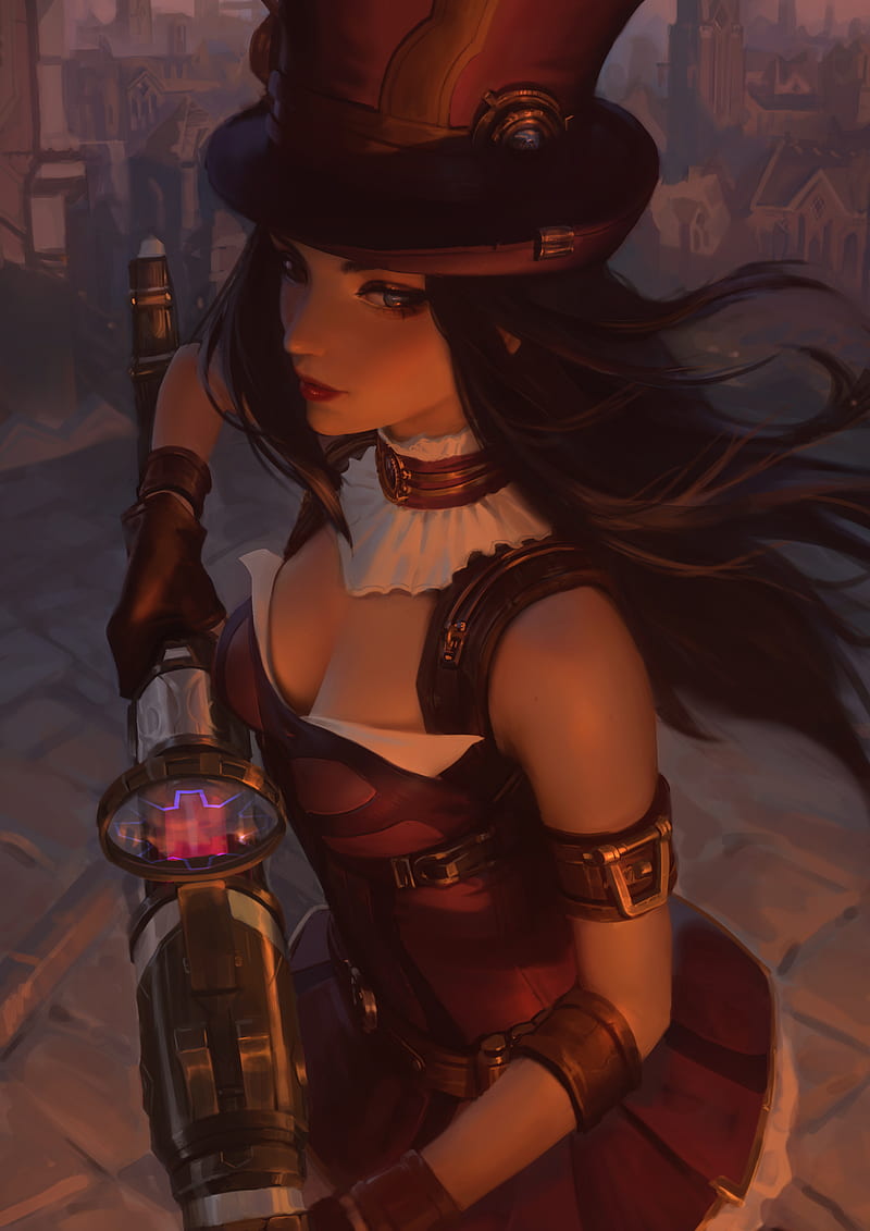 League of Legends, Caitlyn (League of Legends), PC gaming, video game art, video game girls, women, hat, cleavage, long hair, fantasy girl, women with hats, HD phone wallpaper