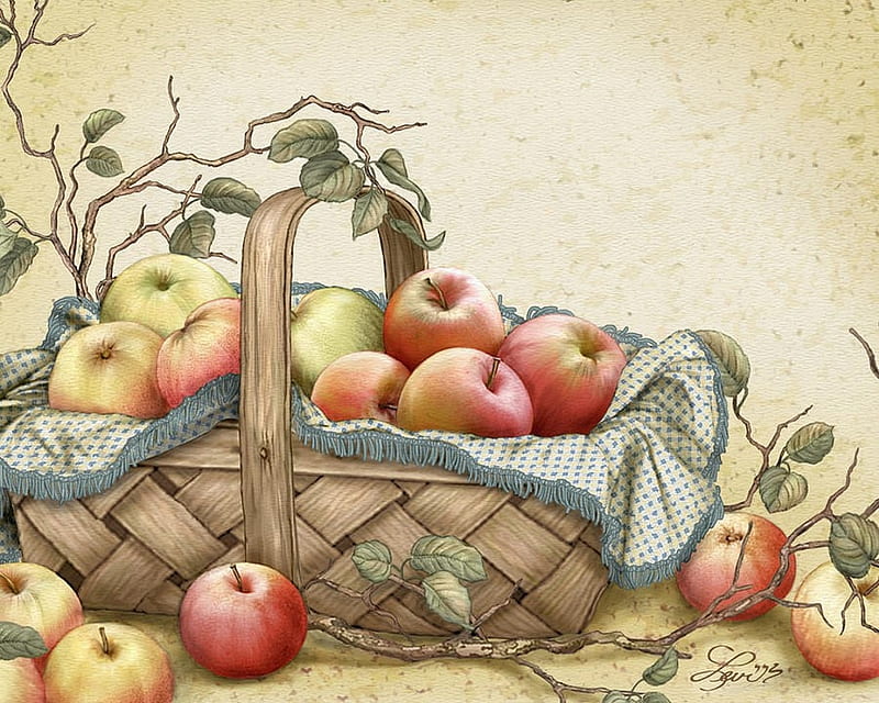 Granny's Basket, leaves, fruits, apples, painting, artwork, HD wallpaper