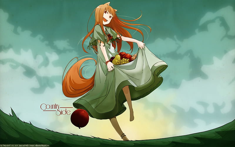 I Got The Fruit!!, tail, apples, long dress, fruit, grapes, anime, running, holo, spice and wolf, HD wallpaper