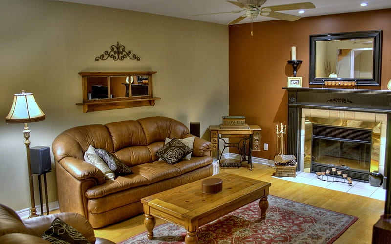 sofa, fireplace, living room interior, coffee table, HD wallpaper