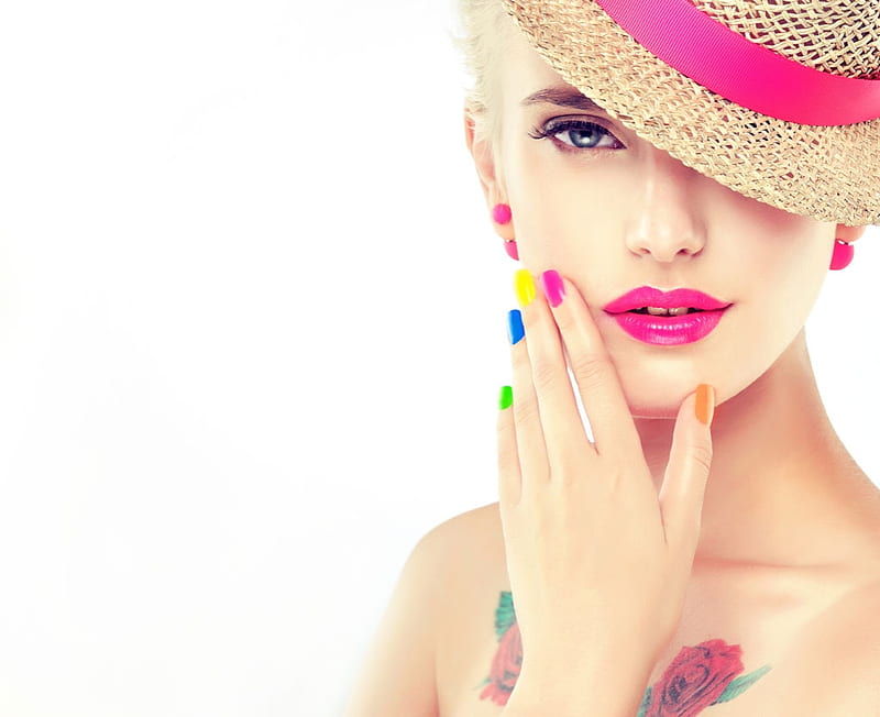 Gentle beauty , model, woman, lips, colored nails, hat, sensual face, gentle, rose tattoo, beauty, HD wallpaper