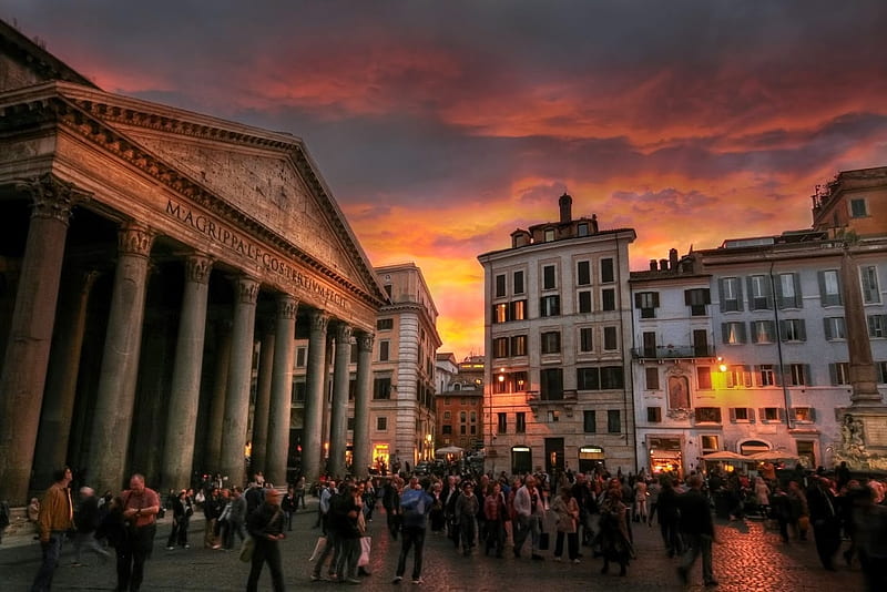 Pantheon Reflecting the Sunsetting, Rome, Italy, building, people, place, colors, r, sky, HD wallpaper