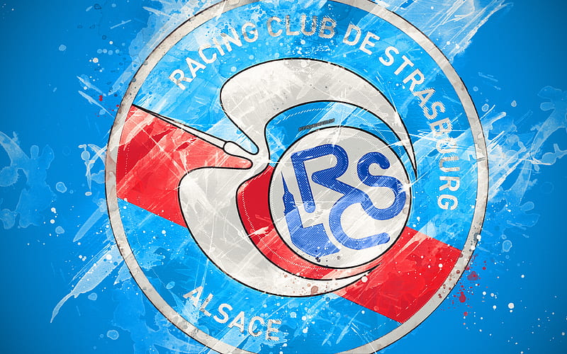RC Strasbourg Alsace paint art, creative, French football team, logo, Ligue 1, emblem, blue background, grunge style, Strasbourg, France, football, Strasbourg FC, HD wallpaper
