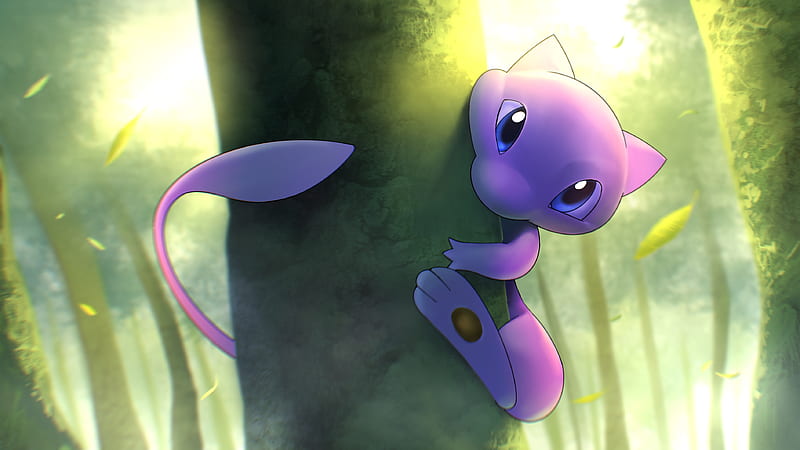 mew, pokemon, tree, cute, forest, Anime, HD wallpaper