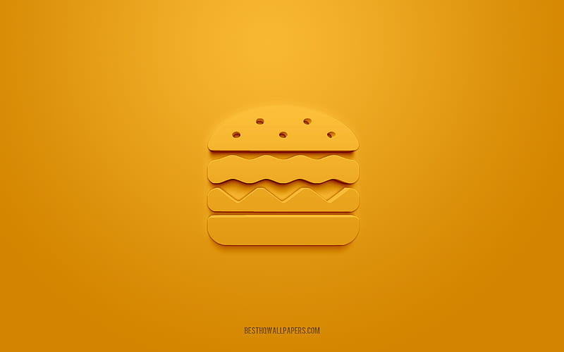 Burger 3d icon, orange background, 3d symbols, Burger, Fast food icons, 3d icons, Burger sign, Fast food 3d icons, HD wallpaper