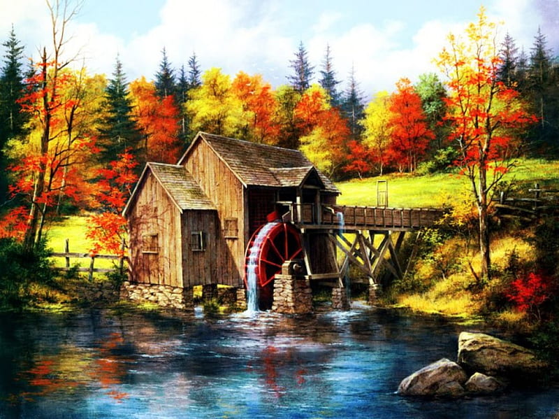 Mill in Vermont, fall, autumn, stones, painting, colors, river, trees ...